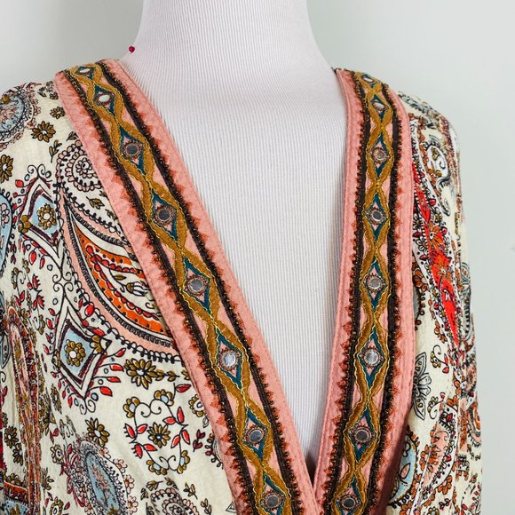 Boho Paisley Print Front Tie Beach Cover Up Top - Picture 4 of 12